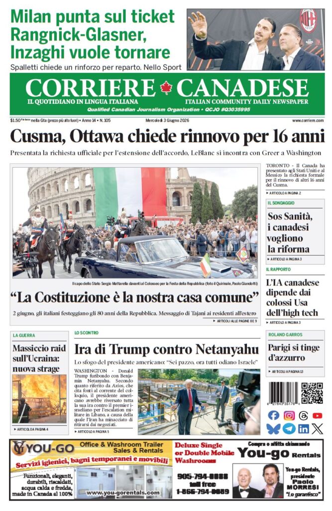 Front page of Corriere Canadese; photo shows President Sergio Mattarella at the Colosseum during Republic Day celebrations, with a ceremonial car and a large Italian flag backdrop.