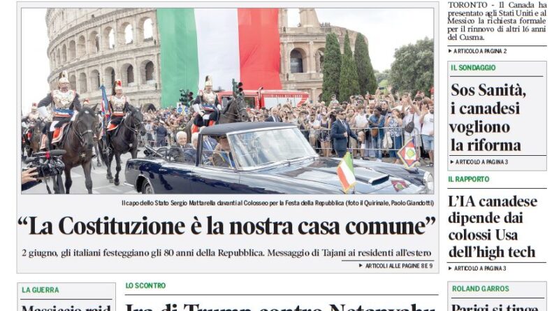 Front page of Corriere Canadese; photo shows President Sergio Mattarella at the Colosseum during Republic Day celebrations, with a ceremonial car and a large Italian flag backdrop.