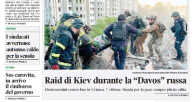 Front page of Corriere Canadese featuring a large photo of rescue workers pulling people from rubble under a bold Italian headline about U.S. actions against Canada; timestamp and weather details visible.