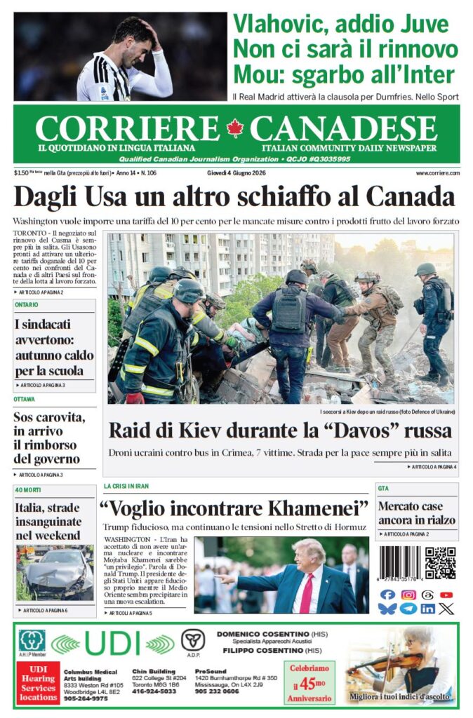Front page of Corriere Canadese featuring a large photo of rescue workers pulling people from rubble under a bold Italian headline about U.S. actions against Canada; timestamp and weather details visible.