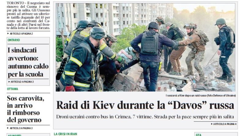 Front page of Corriere Canadese featuring a large photo of rescue workers pulling people from rubble under a bold Italian headline about U.S. actions against Canada; timestamp and weather details visible.