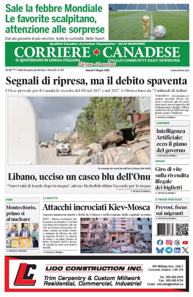 Front page of Corriere Canadese newspaper with bold headlines about debt and recovery, and a photo of a UN convoy in Lebanon beneath the main story.