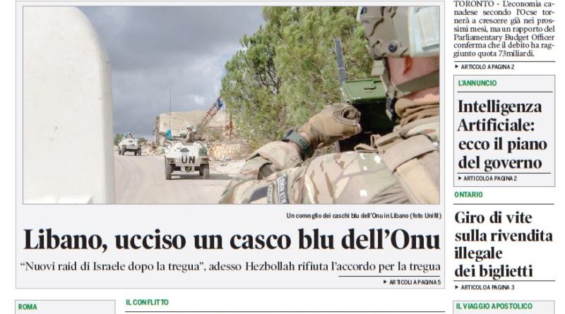 Front page of Corriere Canadese newspaper with bold headlines about debt and recovery, and a photo of a UN convoy in Lebanon beneath the main story.