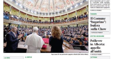 Front page of Corriere Canadese newspaper with a large Italian headline 'Pace, giustizia e tutela della vita' and a photo of Pope Francis addressing a parliamentary chamber.