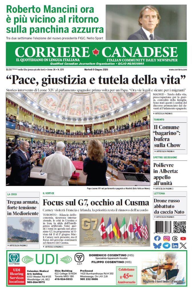 Front page of Corriere Canadese newspaper with a large Italian headline 'Pace, giustizia e tutela della vita' and a photo of Pope Francis addressing a parliamentary chamber.