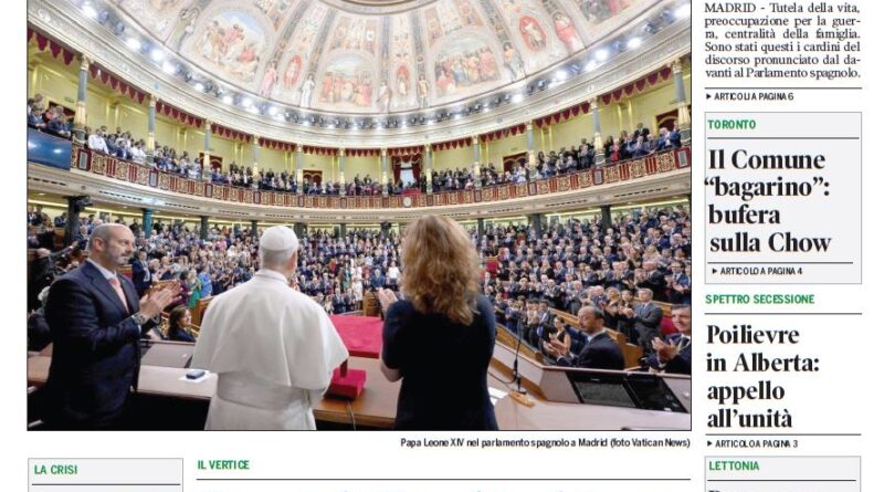 Front page of Corriere Canadese newspaper with a large Italian headline 'Pace, giustizia e tutela della vita' and a photo of Pope Francis addressing a parliamentary chamber.