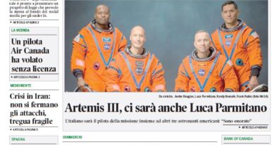 Front page of Corriere Canadese, an Italian-Canadian daily, announcing Ottawa social-media ban for under-16s; photo of four astronauts in orange suits; Artemis III story.