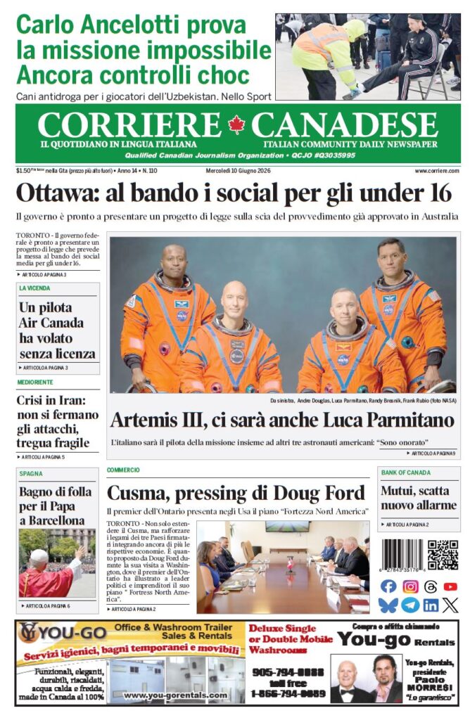Front page of Corriere Canadese, an Italian-Canadian daily, announcing Ottawa social-media ban for under-16s; photo of four astronauts in orange suits; Artemis III story.