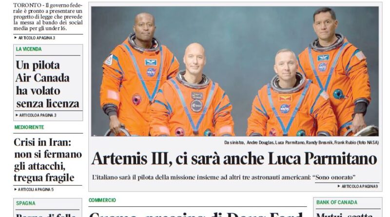 Front page of Corriere Canadese, an Italian-Canadian daily, announcing Ottawa social-media ban for under-16s; photo of four astronauts in orange suits; Artemis III story.