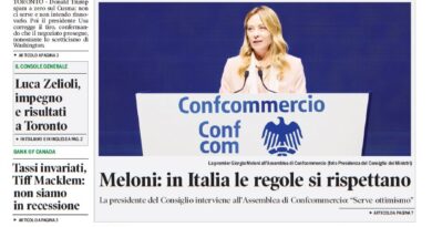 Front page of Corriere Canadese newspaper with Giorgia Meloni at a Confcommercio podium under the main headline about Trump; top left image shows a football stadium scene with a trophy and ball; date Giovedì 11 Giugno 2026.