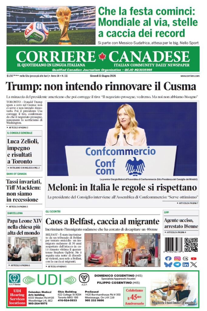 Front page of Corriere Canadese newspaper with Giorgia Meloni at a Confcommercio podium under the main headline about Trump; top left image shows a football stadium scene with a trophy and ball; date Giovedì 11 Giugno 2026.