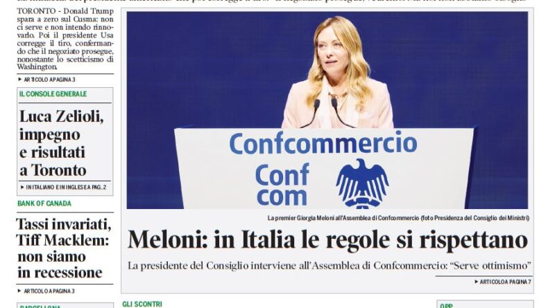 Front page of Corriere Canadese newspaper with Giorgia Meloni at a Confcommercio podium under the main headline about Trump; top left image shows a football stadium scene with a trophy and ball; date Giovedì 11 Giugno 2026.