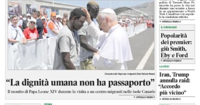 Front page of an Italian-Canadian newspaper with a large headline about an Italian-Canadian police officer killed in Toronto and a photo of Pope Francis meeting immigrants.