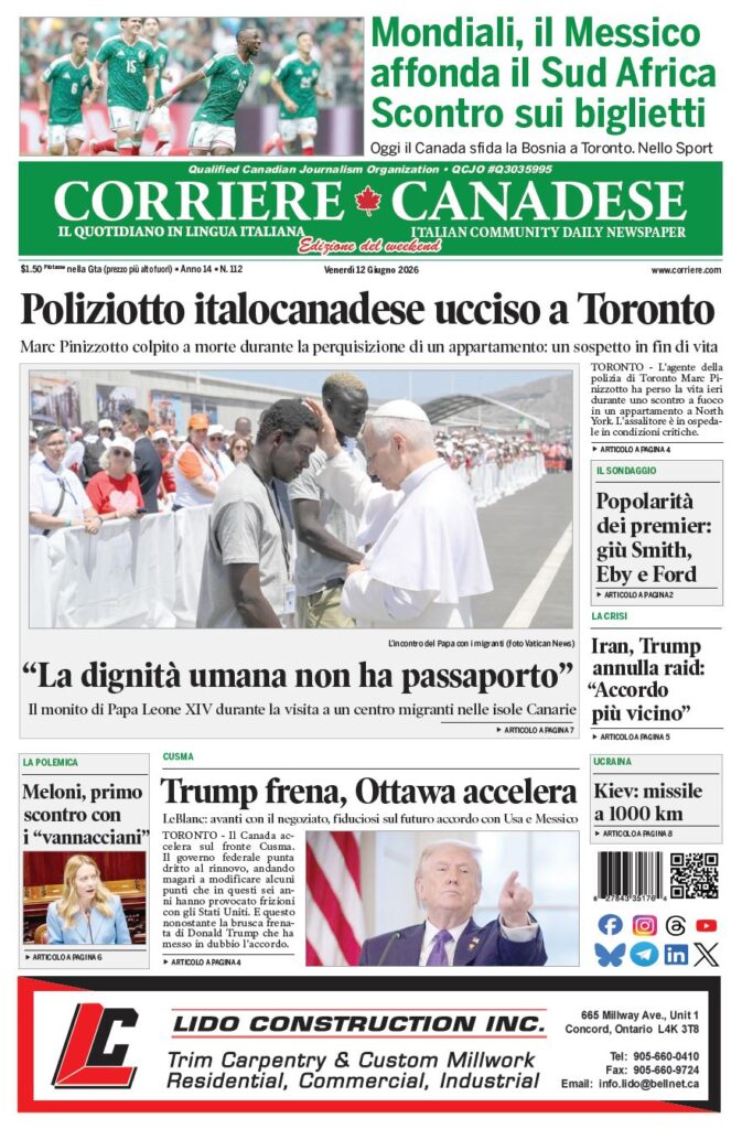 Front page of an Italian-Canadian newspaper with a large headline about an Italian-Canadian police officer killed in Toronto and a photo of Pope Francis meeting immigrants.