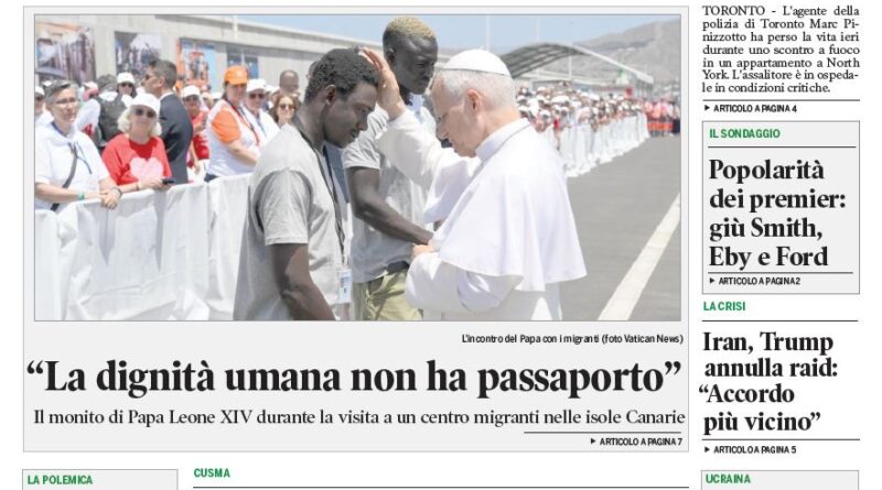Front page of an Italian-Canadian newspaper with a large headline about an Italian-Canadian police officer killed in Toronto and a photo of Pope Francis meeting immigrants.