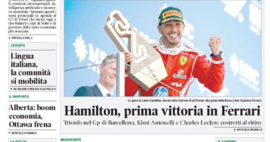 Front page of the Corriere Canadese newspaper: green masthead, bold Italian headlines, and a large photo of Lewis Hamilton celebrating a Ferrari win under the main headline 'Hamilton, prima vittoria in Ferrari.'