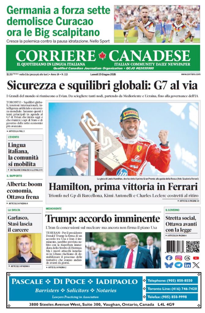 Front page of the Corriere Canadese newspaper: green masthead, bold Italian headlines, and a large photo of Lewis Hamilton celebrating a Ferrari win under the main headline 'Hamilton, prima vittoria in Ferrari.'