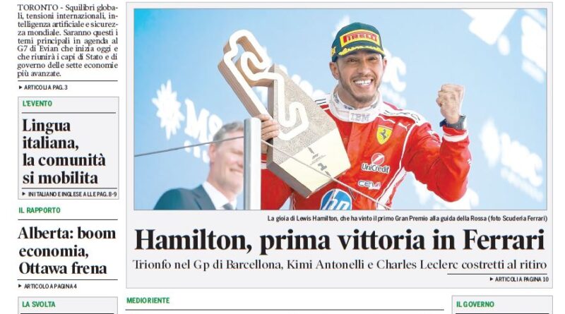 Front page of the Corriere Canadese newspaper: green masthead, bold Italian headlines, and a large photo of Lewis Hamilton celebrating a Ferrari win under the main headline 'Hamilton, prima vittoria in Ferrari.'