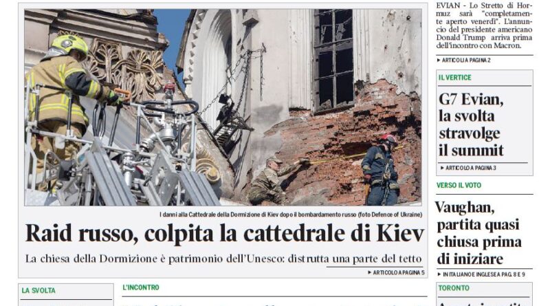Front page of Corriere Canadese with the headline 'Trump: Hormuz riaprirà venerdì' and a photo shows firefighters amid damage at Kiev's Dormizione Cathedral.