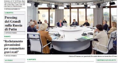 Front page of Corriere Canadese, green masthead Italian-Canadian daily, featuring a round-table G7 meeting photo and the headline about USA-Iran deal.