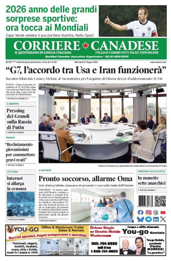 Front page of Corriere Canadese, green masthead Italian-Canadian daily, featuring a round-table G7 meeting photo and the headline about USA-Iran deal.