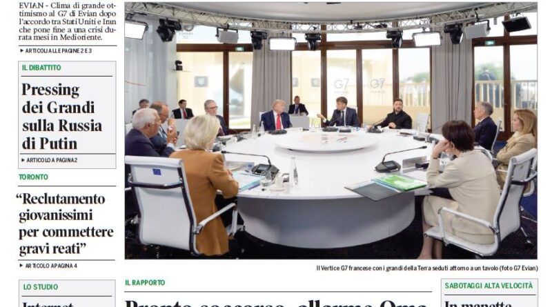 Front page of Corriere Canadese, green masthead Italian-Canadian daily, featuring a round-table G7 meeting photo and the headline about USA-Iran deal.