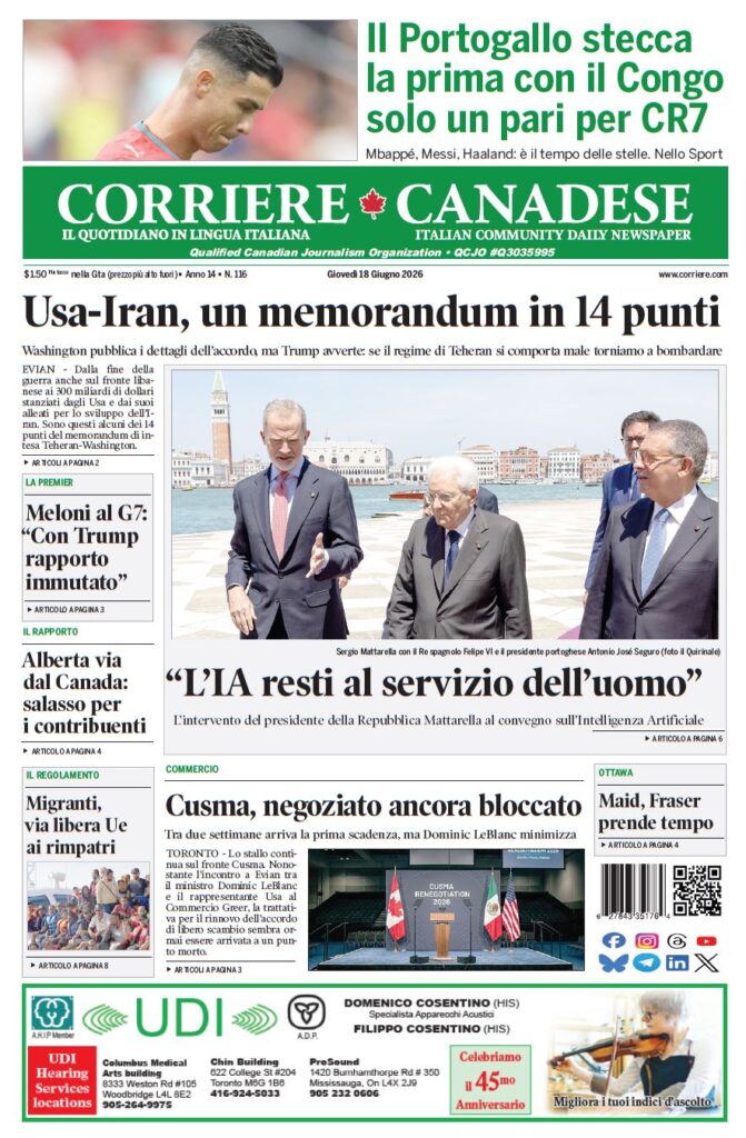 Front page of a bilingual newspaper with a photo of three leaders—Italian President Sergio Mattarella, Spanish King Felipe VI, and Portuguese President António José Seguro—standing by a waterfront during a formal event.