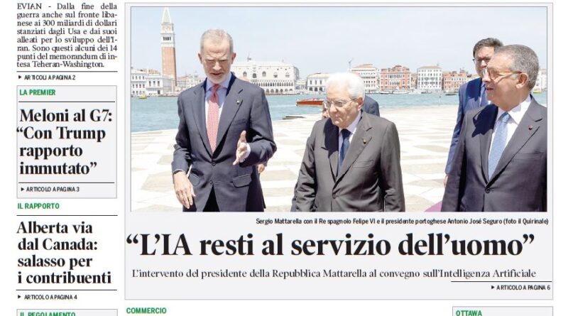 Front page of a bilingual newspaper with a photo of three leaders—Italian President Sergio Mattarella, Spanish King Felipe VI, and Portuguese President António José Seguro—standing by a waterfront during a formal event.