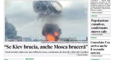 Front page of Corriere Canadese newspaper with a large image of a refinery explosion and smoke, and headlines about Washington/Ukraine.