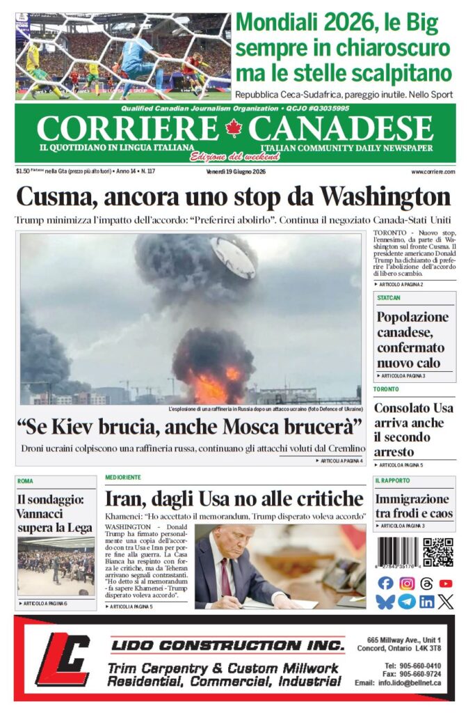 Front page of Corriere Canadese newspaper with a large image of a refinery explosion and smoke, and headlines about Washington/Ukraine.