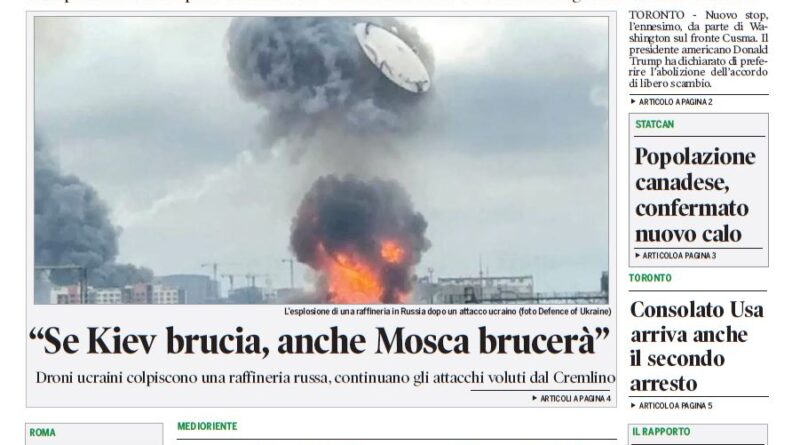 Front page of Corriere Canadese newspaper with a large image of a refinery explosion and smoke, and headlines about Washington/Ukraine.