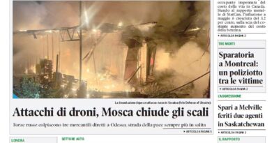 Front page of Corriere Canadese with a bold inflation headline and a large photo of a fire-damaged building in Ukraine beneath it, and smaller side articles around.