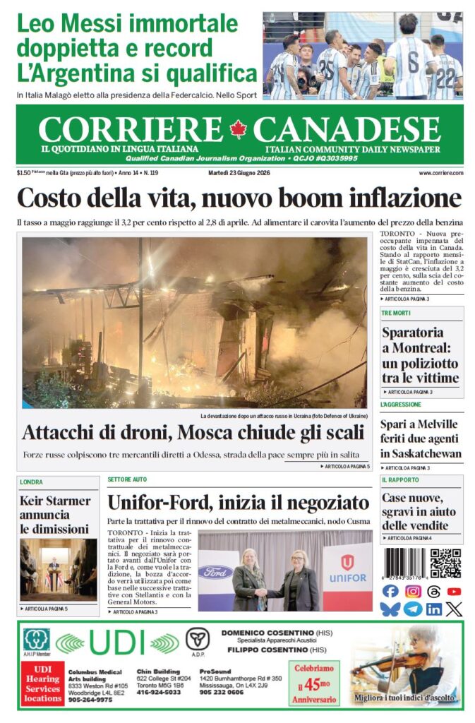 Front page of Corriere Canadese with a bold inflation headline and a large photo of a fire-damaged building in Ukraine beneath it, and smaller side articles around.