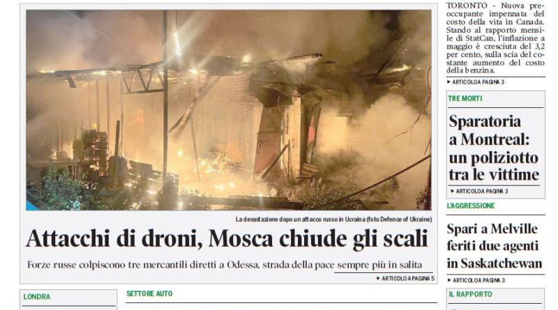 Front page of Corriere Canadese with a bold inflation headline and a large photo of a fire-damaged building in Ukraine beneath it, and smaller side articles around.