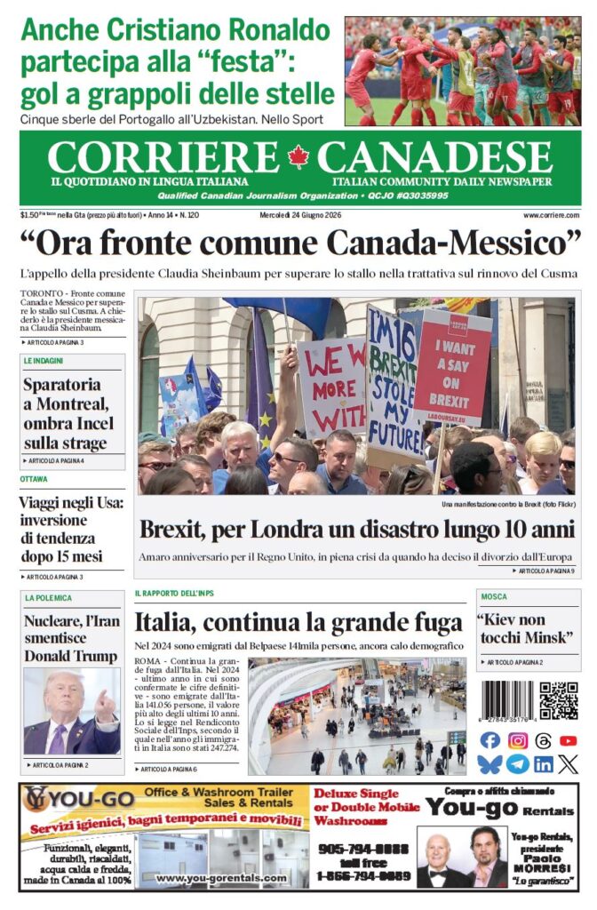 Front page of Corriere Canadese with 'Ora fronte comune Canada-Messico' headline and a crowd protest photo in the main image/splash area.