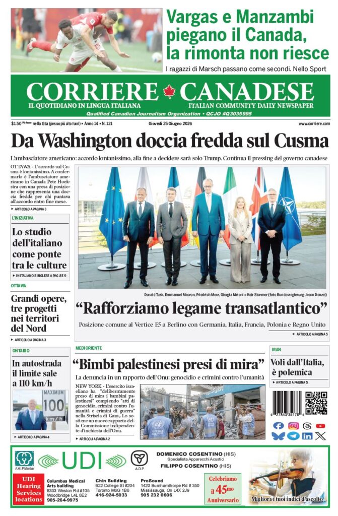 Front page of Corriere Canadese newspaper showing a group photo of world leaders at a press conference, with bold headlines about Washington and transatlantic affairs.
