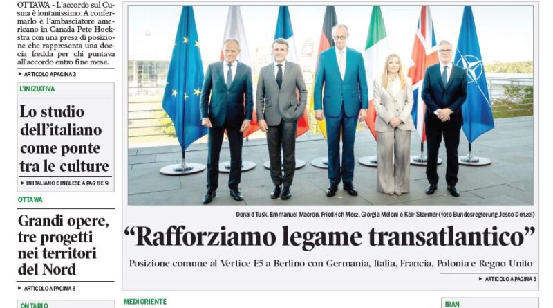Front page of Corriere Canadese newspaper showing a group photo of world leaders at a press conference, with bold headlines about Washington and transatlantic affairs.