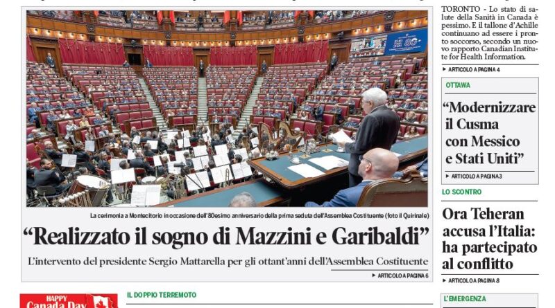 Front page of Corriere Canadese (June 26, 2026) featuring the headline 'Pronto soccorso: benvenuti all’inferno' and a photo of a crowded parliamentary chamber.