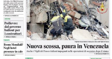 Front page of Corriere Canadese with the bold headline 'Caldo killer, 1,300 morti in Europa' and a photo of firefighters rescuing rubble victims on a collapsed building.
