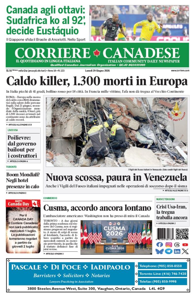 Front page of Corriere Canadese with the bold headline 'Caldo killer, 1,300 morti in Europa' and a photo of firefighters rescuing rubble victims on a collapsed building.