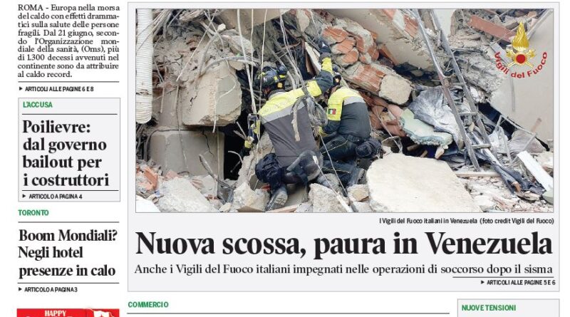 Front page of Corriere Canadese with the bold headline 'Caldo killer, 1,300 morti in Europa' and a photo of firefighters rescuing rubble victims on a collapsed building.