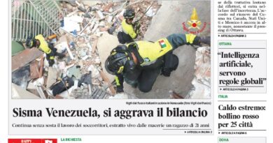 Front page of Corriere Canadese with a large headline about Cusma and the uncertain phase, featuring a photo of Italian firefighters working amid rubble in Venezuela.