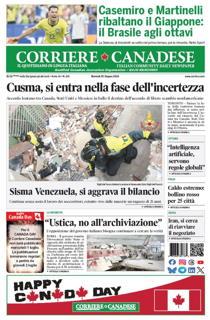 Front page of Corriere Canadese with a large headline about Cusma and the uncertain phase, featuring a photo of Italian firefighters working amid rubble in Venezuela.