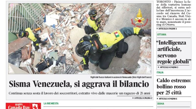 Front page of Corriere Canadese with a large headline about Cusma and the uncertain phase, featuring a photo of Italian firefighters working amid rubble in Venezuela.