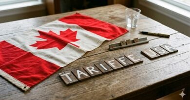Canadian flag on a wooden table with Scrabble tiles spelling 'TARIFFE USA', suggesting Canada–US tariffs.