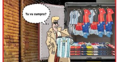 Cartoon man in a trench coat buys light blue shirts from an open clothing truck with racks of sportswear at night.