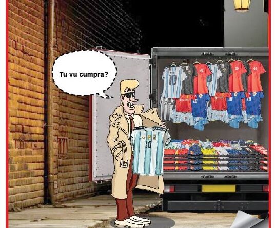Cartoon man in a trench coat buys light blue shirts from an open clothing truck with racks of sportswear at night.