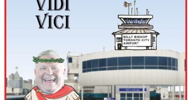 A cartoonish man in a Roman toga with a laurel wreath, standing in front of Toronto Billy Bishop airport, with the words 'Veni Vidi Vici' on the left.