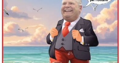Caricature of a bald man in a suit and red shorts walking on a sunny beach, with Italian captions about Queen's Park's summer break.