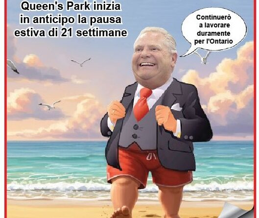 Caricature of a bald man in a suit and red shorts walking on a sunny beach, with Italian captions about Queen's Park's summer break.